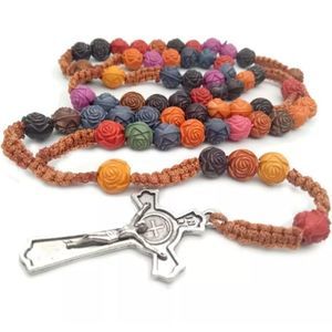 Silver and clay rose rainbow color beaded braided rosary hand made new